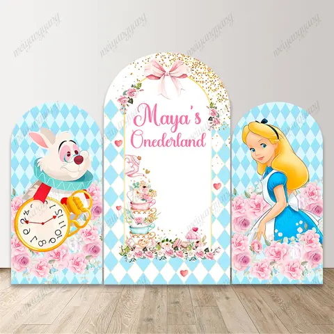 Alice in Wonderland Arch Backdrop Cover Girl Birthday Party Flower Clock Baby Shower Photography Background Decoration Booth