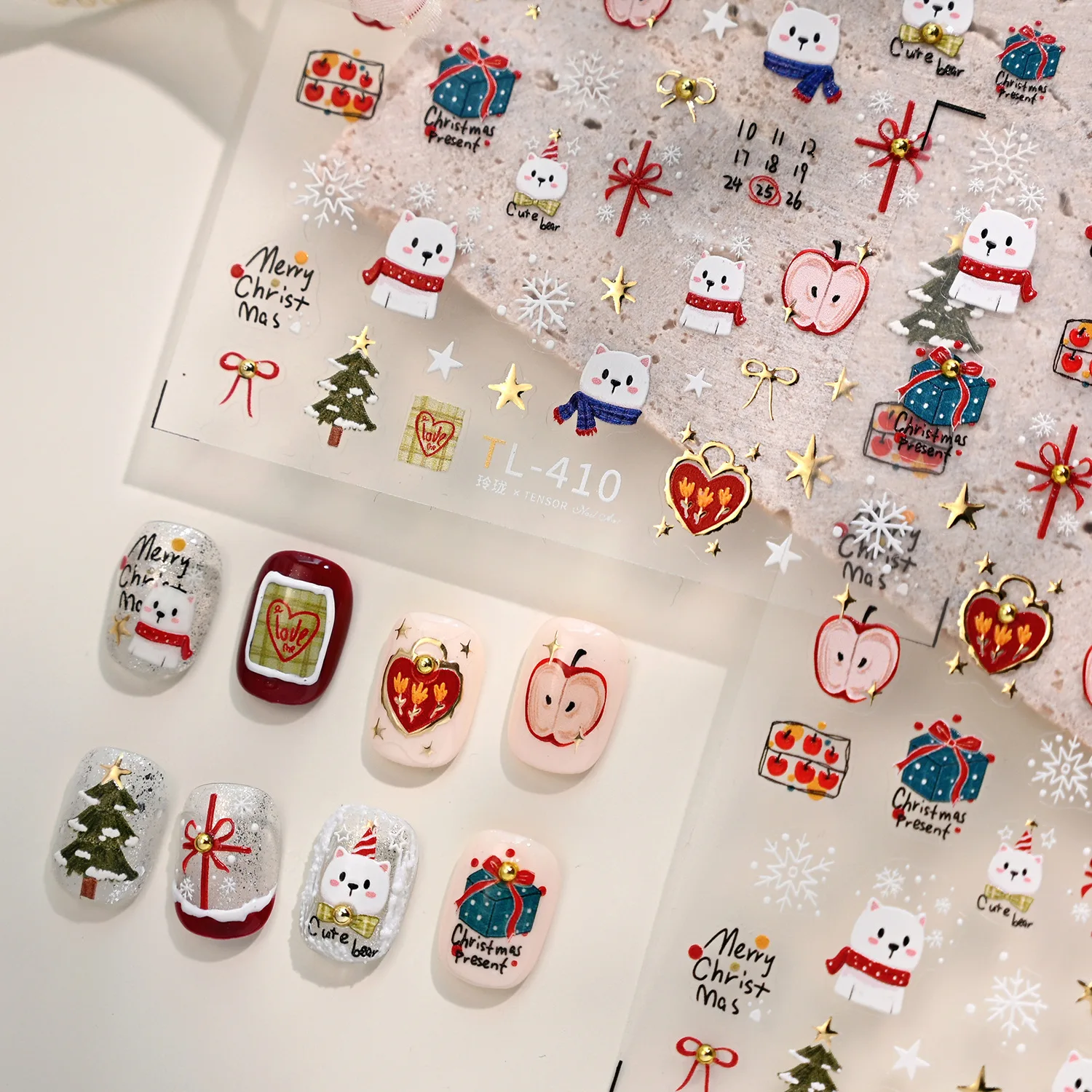 Cute Christmas Nail Art Decorations Stickers 5D Gold Star Bows Cartoon Bear Nail Stickers DIY New Year Kawaii Accessories Decals