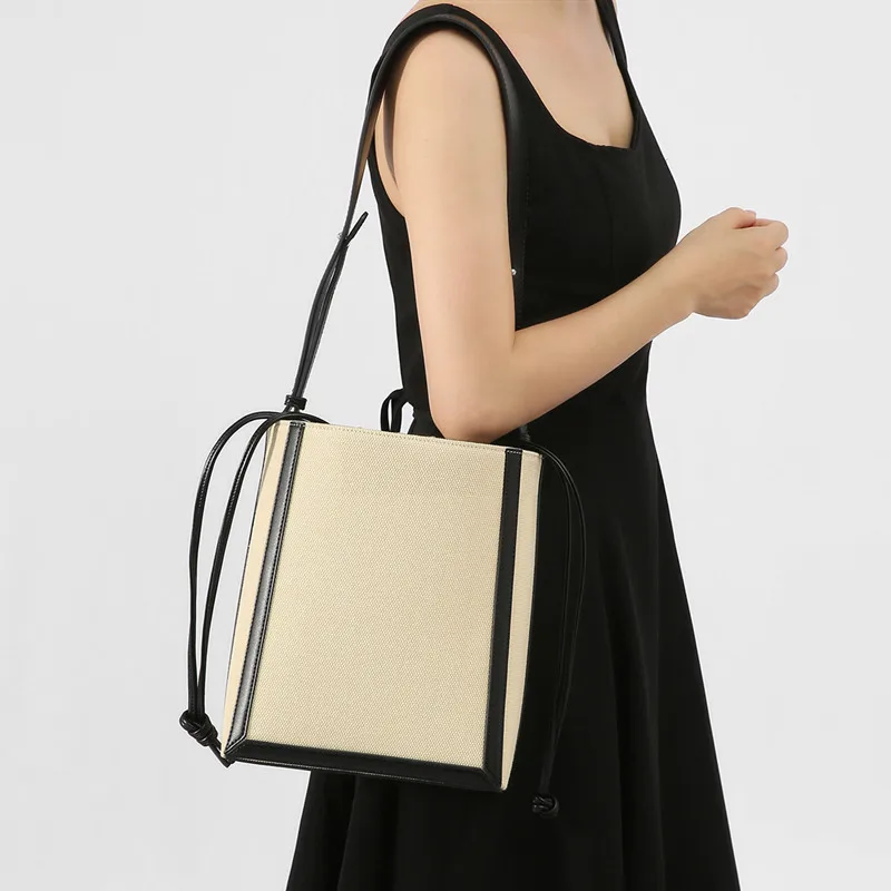 

2025 модные женские высококачественные винтажные сумки, трендовая лоскутная сумка на плечо, новый дизайн, большая вместительная холщовая сумка-ведро на шнурке