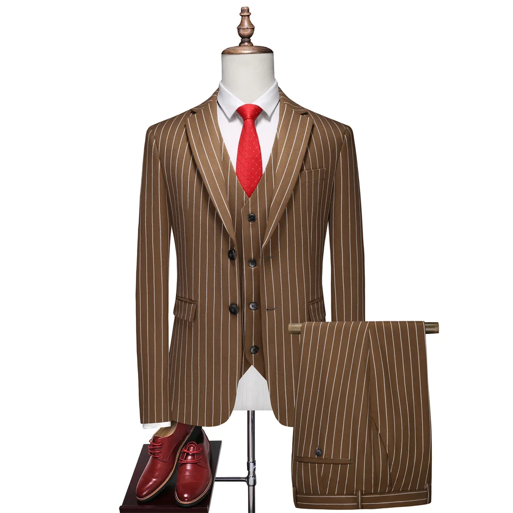 2026 New Men\'s Red Striped Three-piece, Wedding Business Men Sets, White Blue Black Terno Masculino Asian Sizes Costume Homme