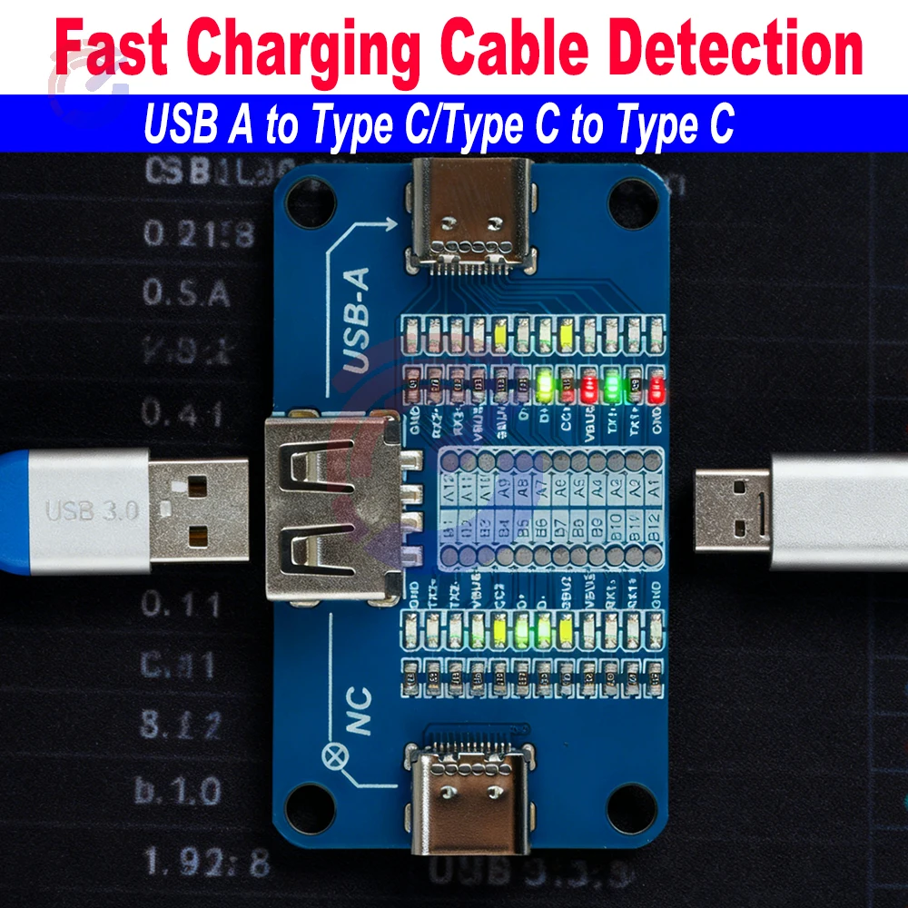 

Тестер кабеля типа C для соединений USB A — C и C — C. 12-светодиодные индикаторы состояния с портативной батареей.