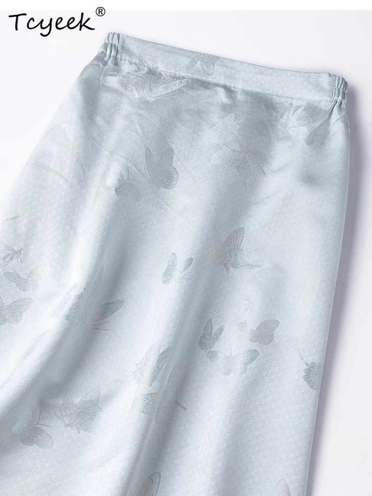 Tcyeek 100% Real Mulberry Silk Skirt 2026 Spring Summer Elegant Skirts for Women Clothes Elastic Waist Skirts Woman Jupe Femme