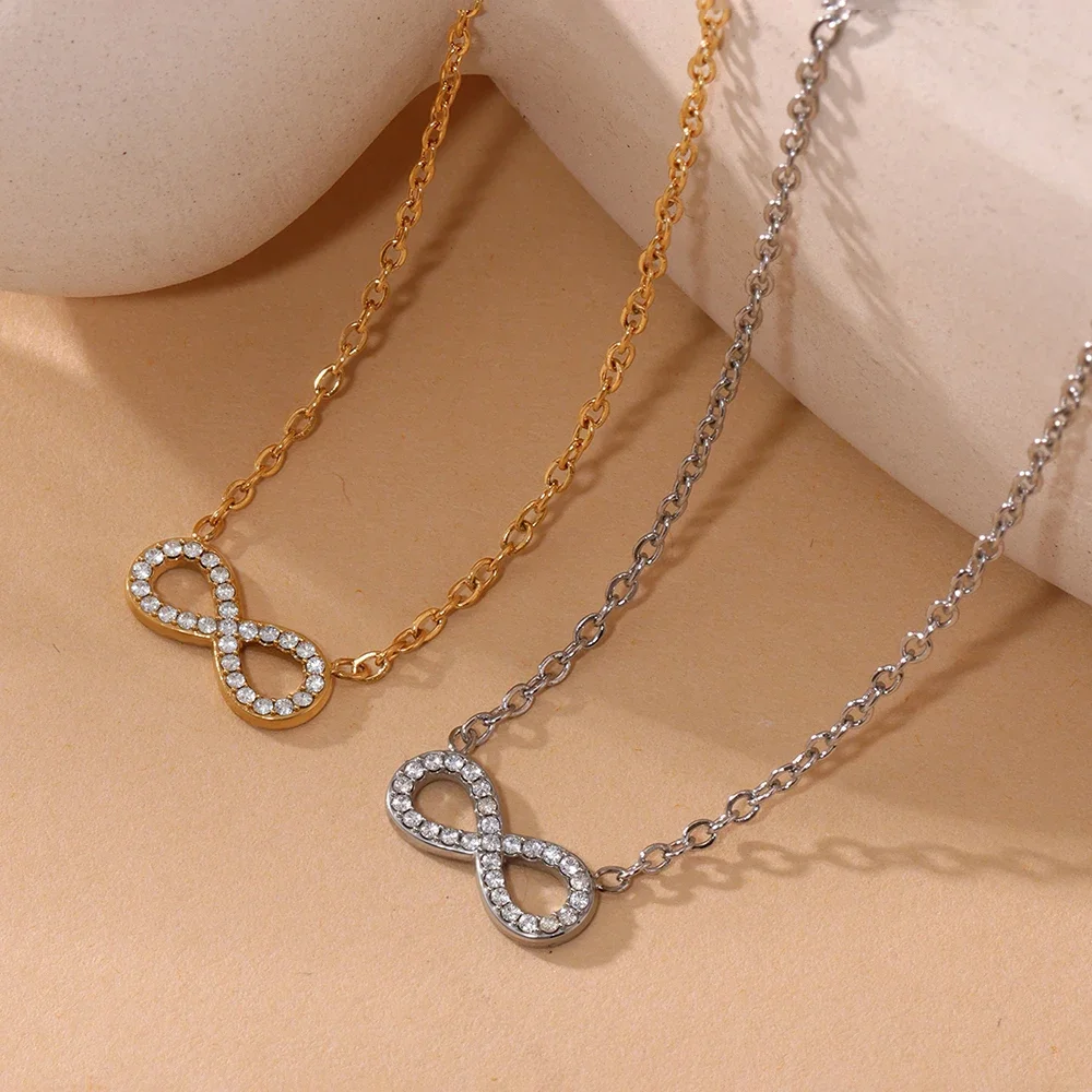 

Stainless Steel Shine Zircon Number 8 Pendant Chain Necklaces For Women PVD Gold Plated Choker Necklace Wedding Jewelry