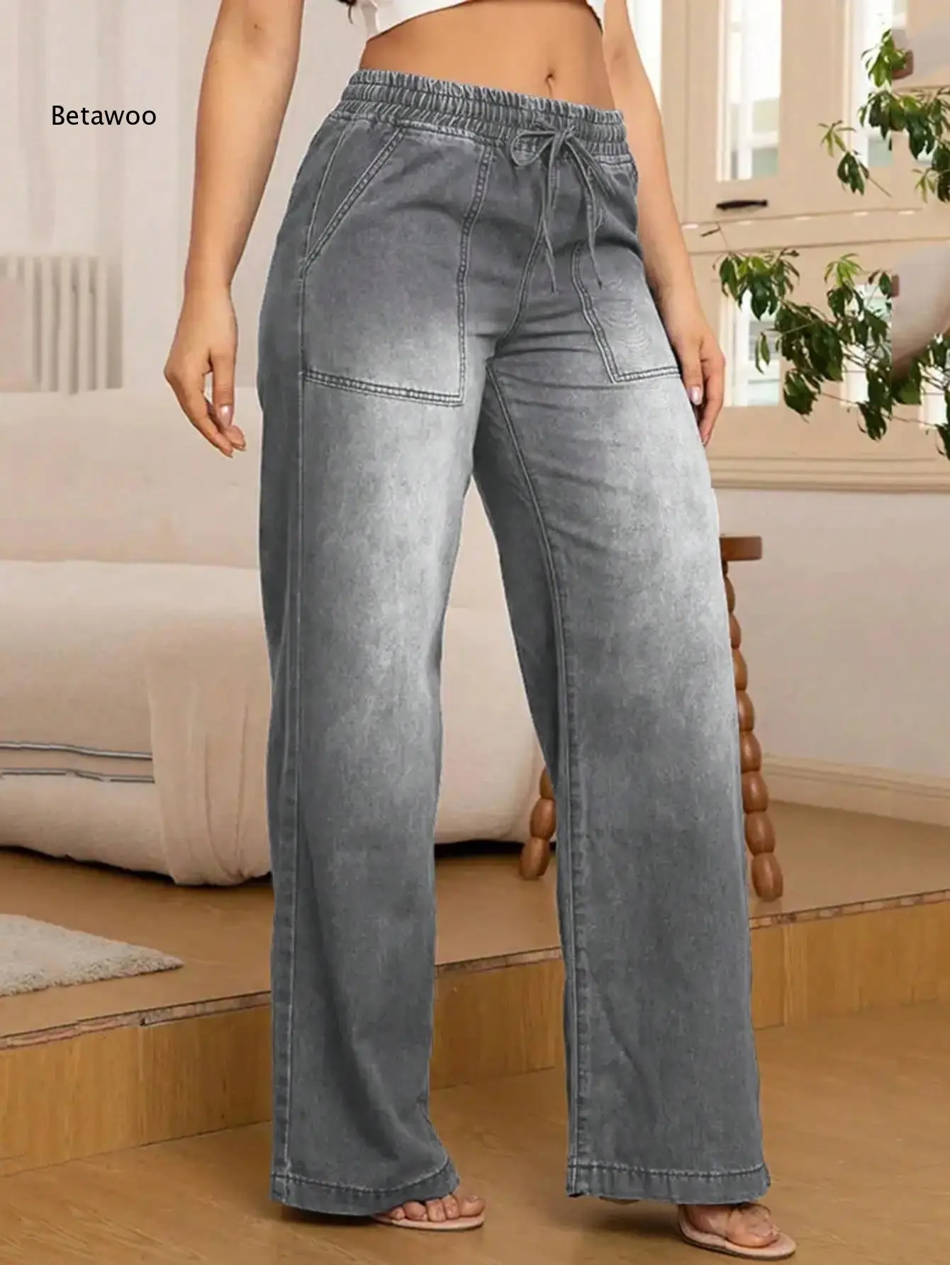 Women Vintage Grey Drawstring Elastic Waist Wide Leg Jeans Patch Front Pockets Loose Full Length Denim Pants
