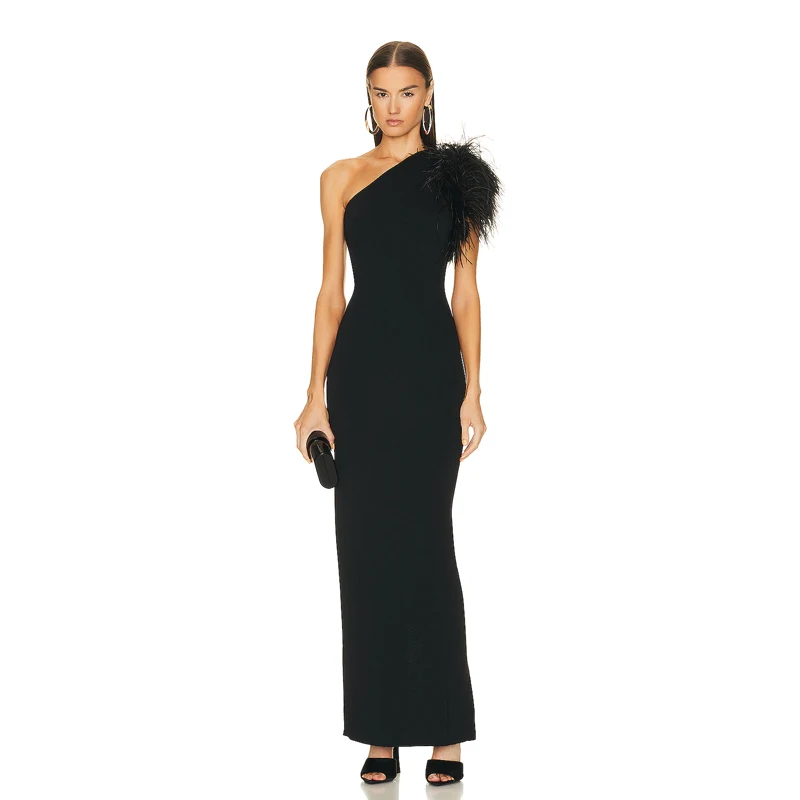 Factory Wholesale Women's Black Lnclined Shoulder Feather Sexy Boutique Celebrity Cocktail Party Bandage Long Dress