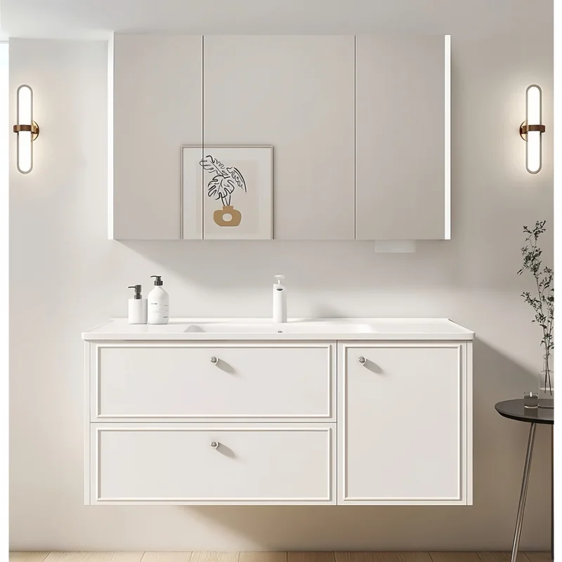 French Cream Vanity Mirror Cabinet Ceramic One-Piece Basin Minimalist Bathroom Hand Wash Face Sink Lavatory Furniture