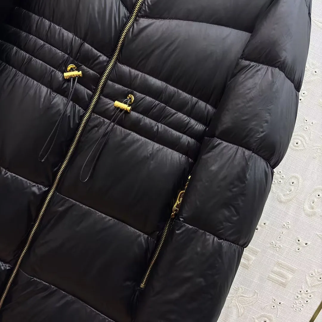 جديد الشتاء الأبيض بطة أسفل معطف طويل المرأة مقنعين أزرار الذهب سستة طويلة الأكمام الرباط الخصر النحيف سميكة الدافئة الرجعية سترة #4