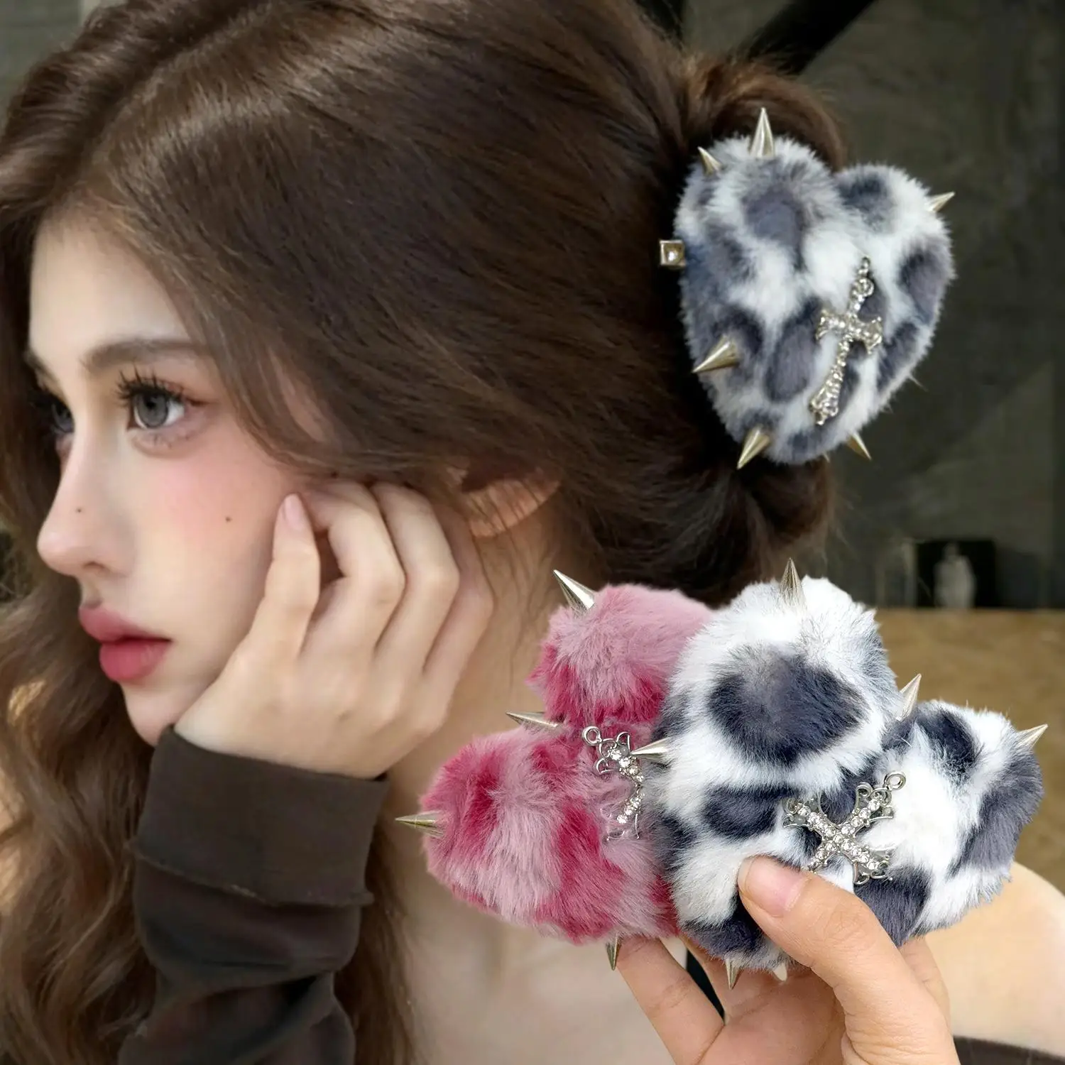 

Заколки для волос с леопардовым принтом и заклепками, в стиле панк-рок, с сердечками, для декора, персонализированные, Y2K, для дерзких девушек, боковые заколки для челки