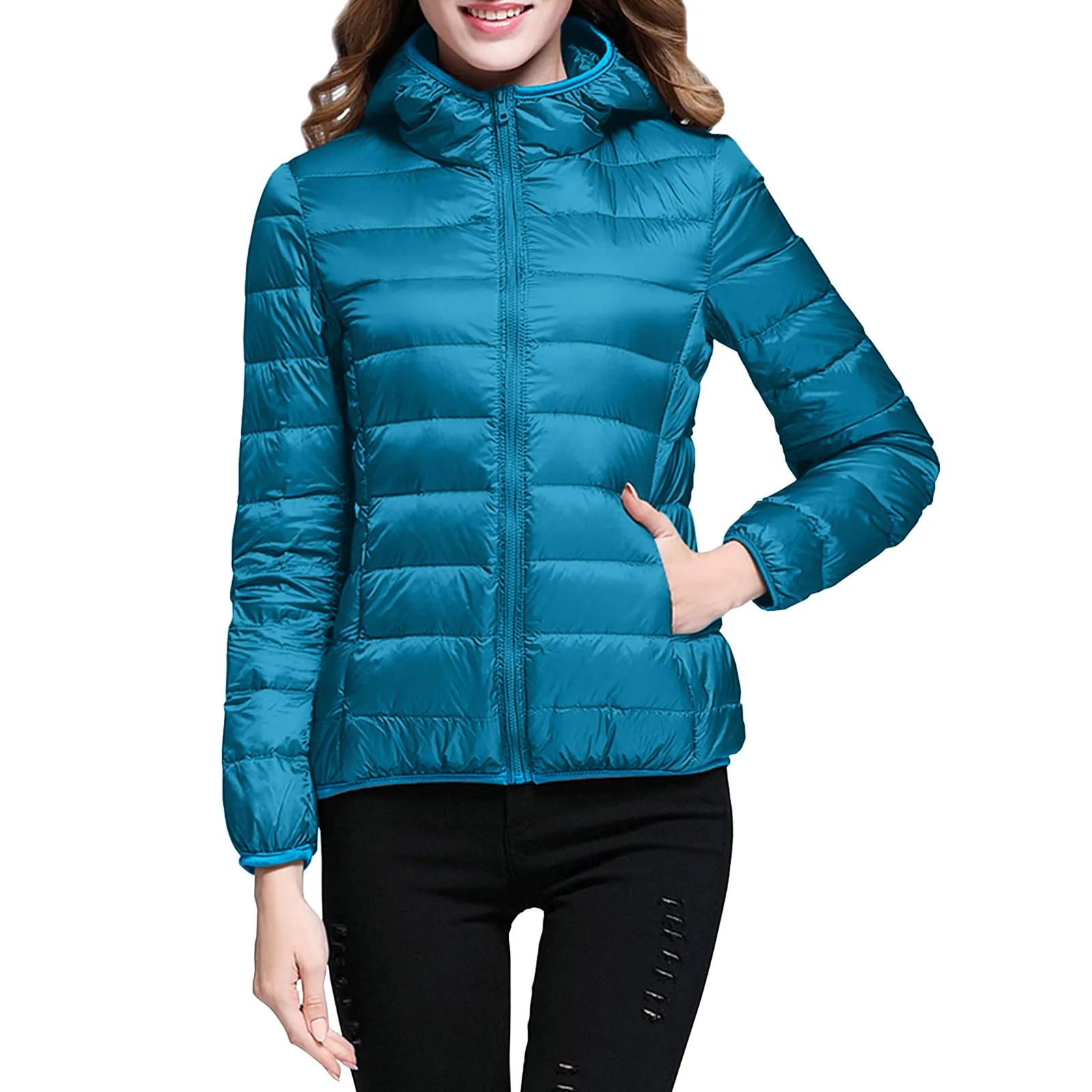 Chaqueta térmica de invierno básica informal, chaqueta ultraligera de Color sólido, chaqueta de invierno con capucha portátil delgada a prueba de viento para mujer