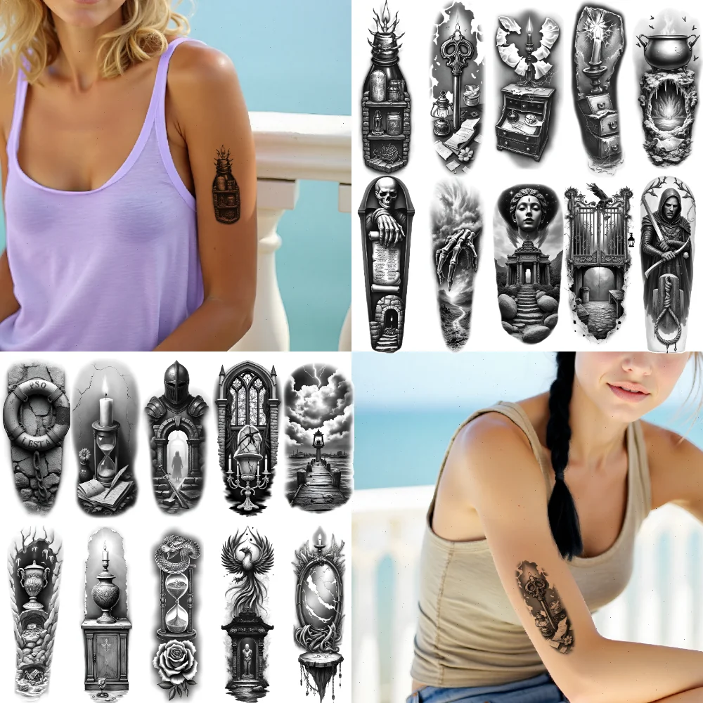 12pcs Temporary Tattoo Skeleton Black And Grey Realism Mirror Owl Realistic Temporary Tattoos Temple For Thighs Women Men