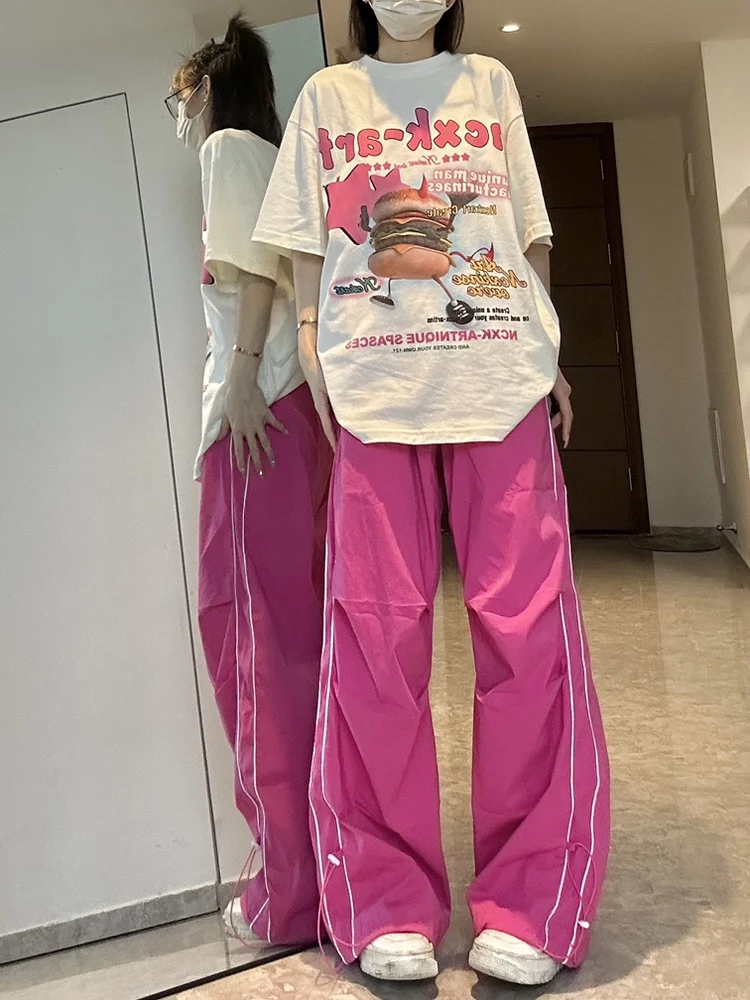 Hip Hop Y2K Pink Track Pants donna oversize Streetwear pantaloni sportivi a gamba larga Harajuku Quick Dry pantaloni sportivi vestiti