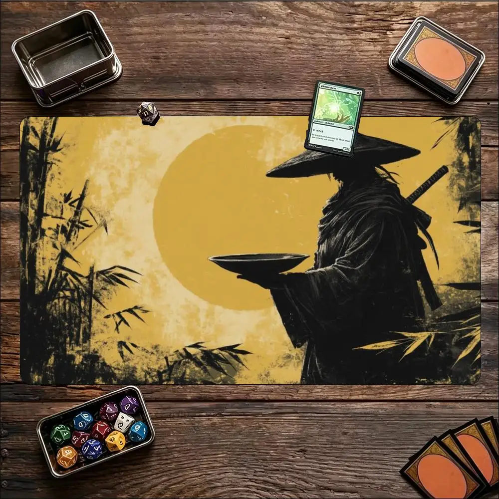 TCG Tabletop Playmat Ancient Samurai With Straw Hat Print Large Non Slip Rubber Pad Smooth Cloth For Trading Card Table Battles