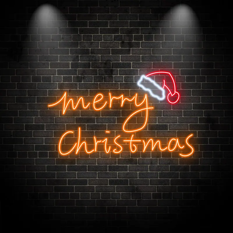 Modern Neon Christmas Sign – Merry Christmas Text with Santa Hat Glow, Trendy Wall Art for Holiday Parties or Winter Home Decor