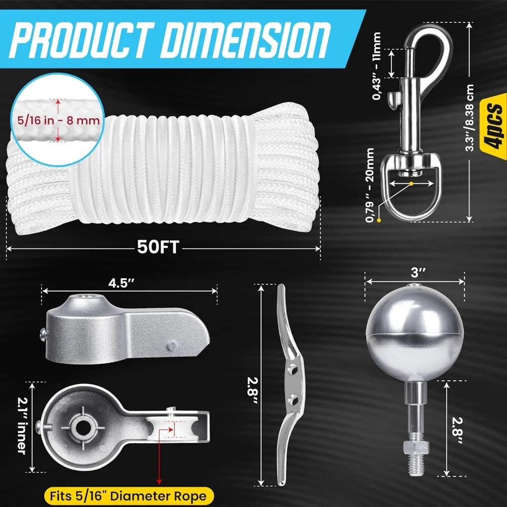 [actualizado] kit de cuerda para mástil de bandera de 5/16 "y 50 pies con 4 mosquetones giratorios de 3,3", camión de bolas, tacos, mástil de bandera con rodamiento de alto peso halyar