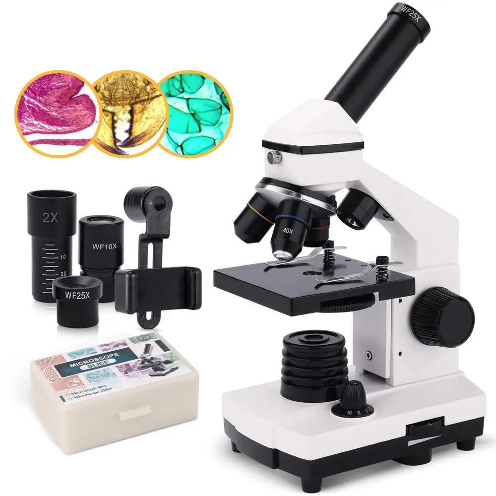 Compound Monocular Microscope 40X-2000X Kids Adults Students Biological Science Education Kit LED Light Metal Body Slides Phone