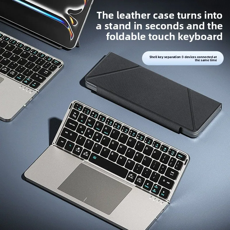 New wireless bluetooth folding keyboard, phablet can be separated leather bracket touch portable keyboard