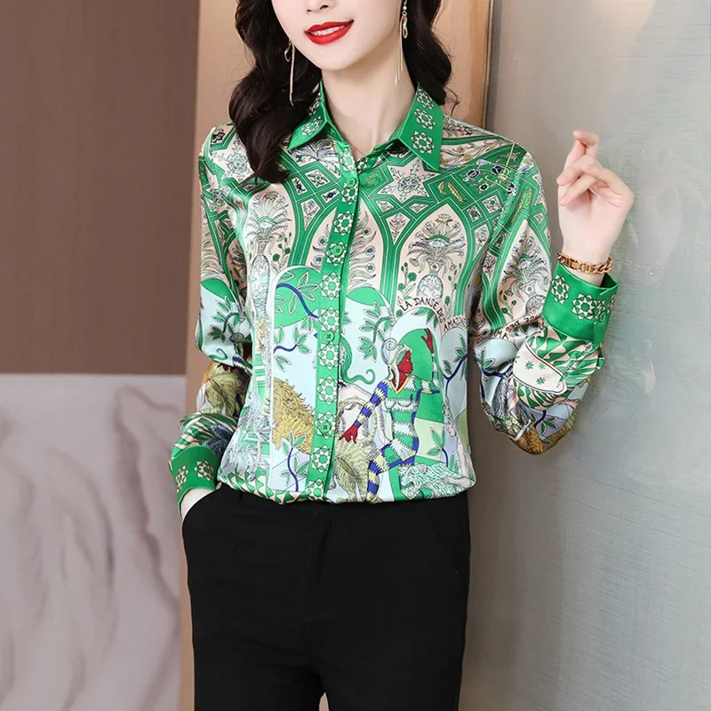 Green Print Summer Shirt Women Silk Blouse Cardigan Top Spring Autumn Long Sleeve Plus Size Vintage Shirt chemises et blouses