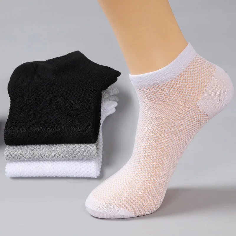 3 Pairs Summer Men Breathable Mesh Socks Thin All-cotton Breathable Black White And Gray Solid Color Ultra-thin Boat Socks