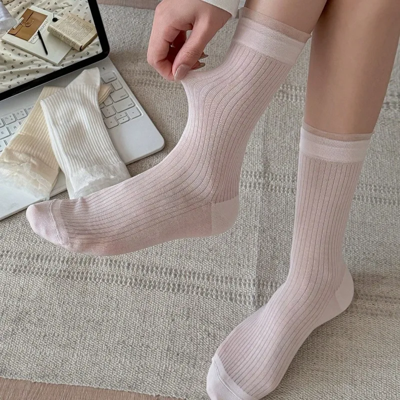 Damensocken, Sommer, dünn, einfarbig, lange Socken für Damen, Bonbonfarben, niedliche Spitze, modische Crew-Socken, atmungsaktiv, bequem