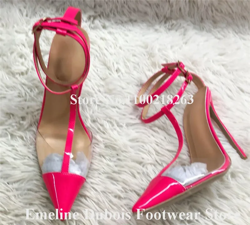 PVC Patchwork Pumpen Emeline Dubois Spitz Neon Gelb Klar Transparent Stiletto Ferse Schuhe Ankle Straps High Heels Größe 45