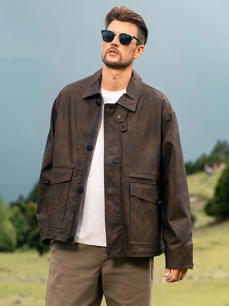 

Enjeolon Retro Sli Men's Oversize Leather Jaet Stand Collar Loose Fit Streetwear Windproof Anti-Wrinkle Casual Coat