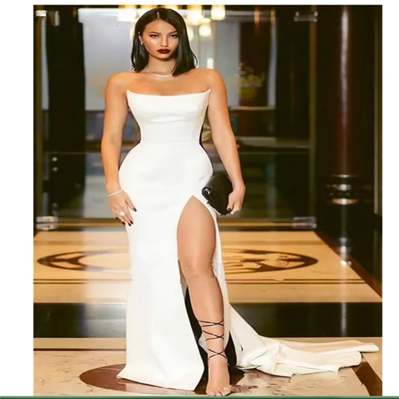 

Elegant Modest Black and Evening Dresses Strapless High Side Split Sexy Long Prom Party Formal Gowns vestidos customized