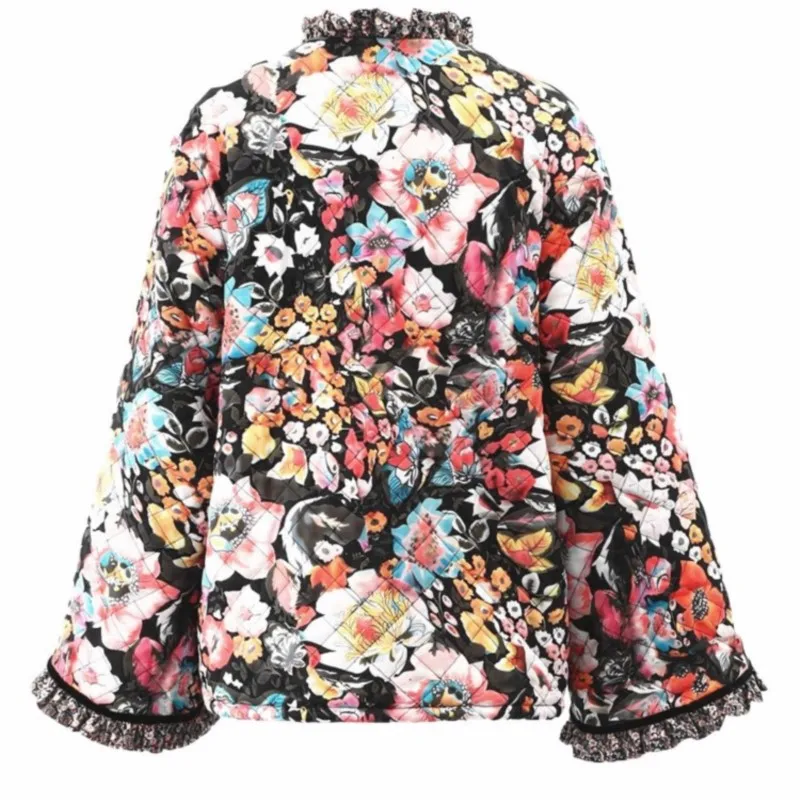 Vintage Floral Flower Printed Coat Women Fleece Thick Warm Long Sleeve Quilted Jacket 2025 Autumn Winter Female Fashion Clothing
