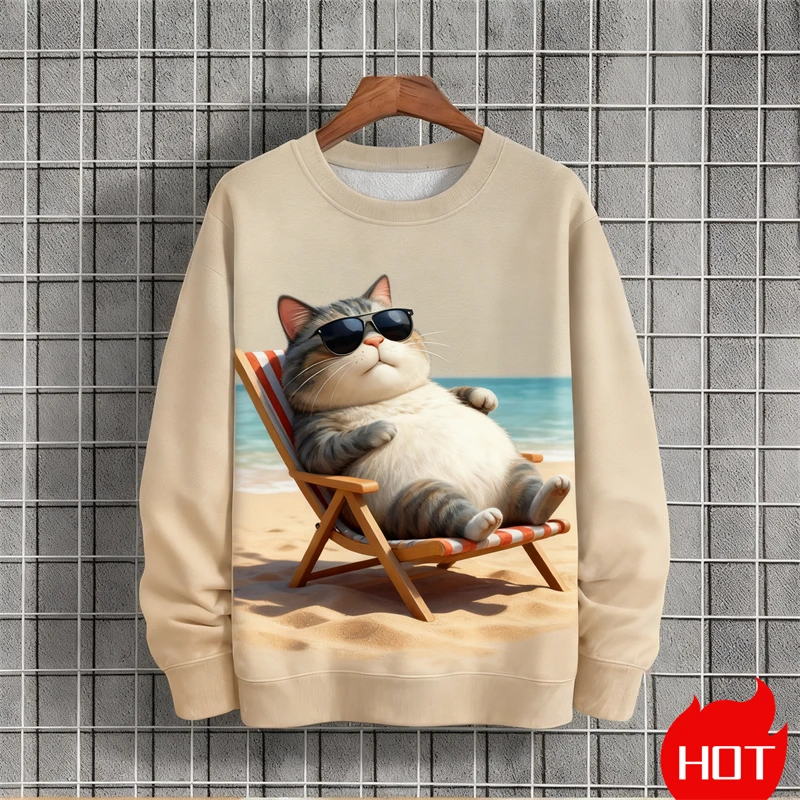Fall Winter Men's O-neck Sweatshirts Funny Fat Cat Print Oversized Long Sleeve Man Pullover O Neck Casual Women Y2k Clothing