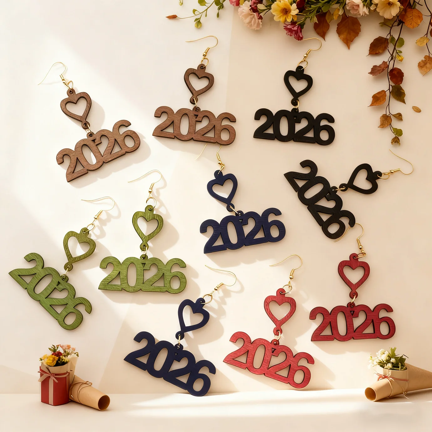5 Pairs of Geometric Design 2026 Digital New Year Heart-Shaped Earring Set for Autumn and Winter, Personalized Earrings