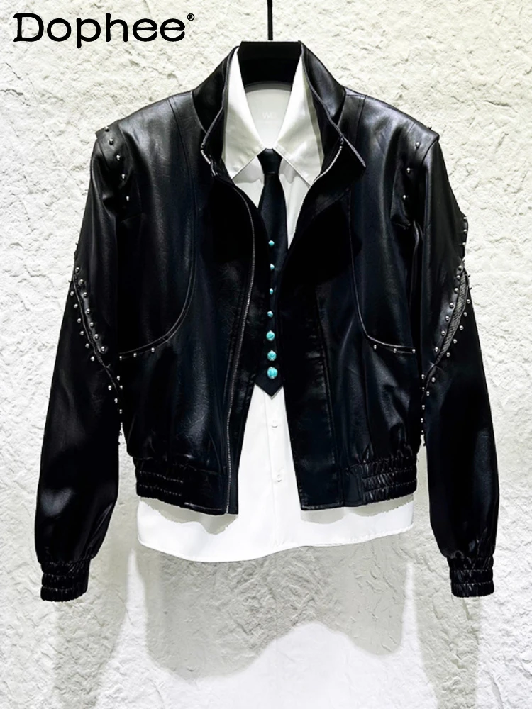 

Personalized Fashion Rivet PU Jackets Men 2025 Autumn New Trendy Faux Leather Jackets Snake Pattern Splicing Short Style Coats