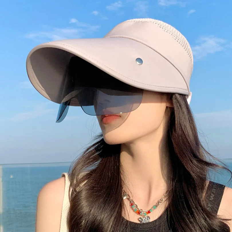 Summer Women Sun Hat with Glasses 13cm Large Brim Bucket Hat Breathable Outdoor Empty Top Cap Magic Tape Adjust Travel Beach Cap