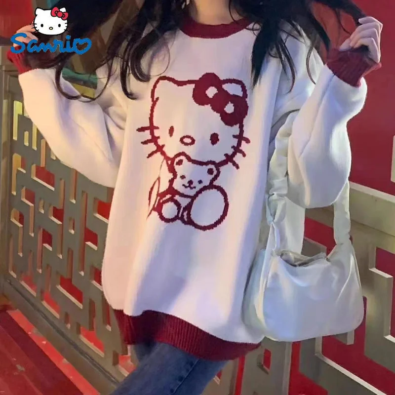 

Sanrio Kawaii Hello Kitty Kuromi Clothing Jk Embroidered Knit Sweater Cute Girl Loose Soft Stuffed Plush Jacket Birthday Gift