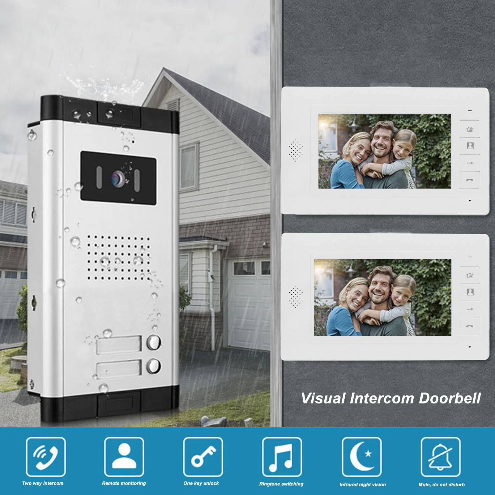 

Video Intercom System 7 Inch Monitors and 1 Night Vision Camera 2 Way Call Visual Doorbell Video Intercom System
