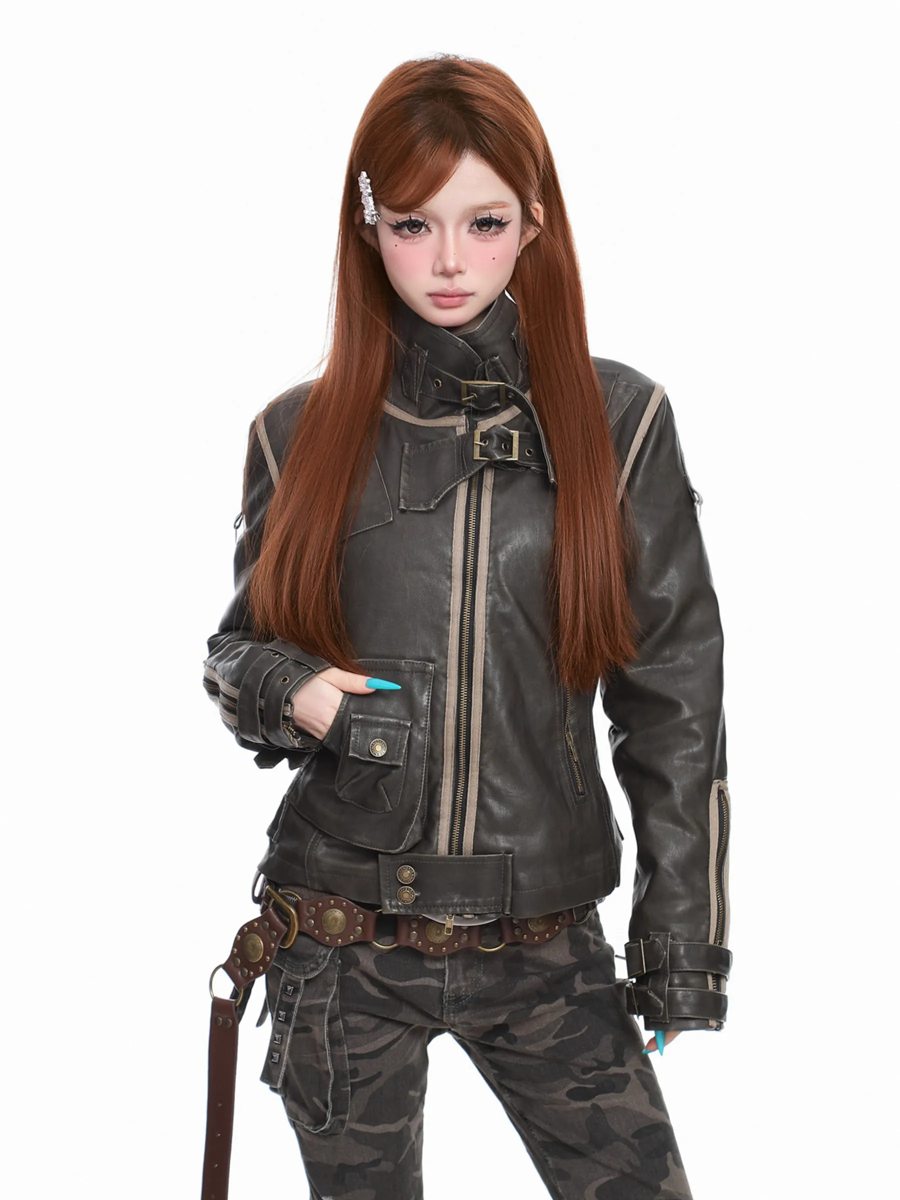 Spring and Autumn Punk Hot Girl Workwear Gray PU Leather Jacket Women's Motorcycle Style Short Black Coat Slim Leather Shorts