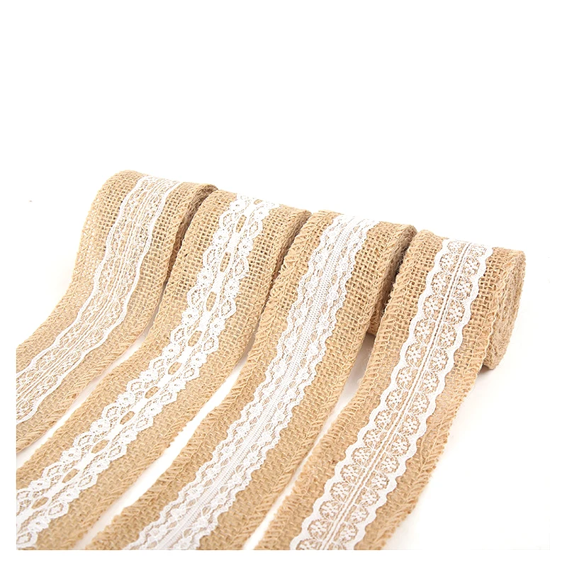 2M 5CM Natural Jute Burlap Rolls Hessian Ribbon with Lace Vintage Rustic wedding Decor Ornament Burlap Party DIY craft Supplies