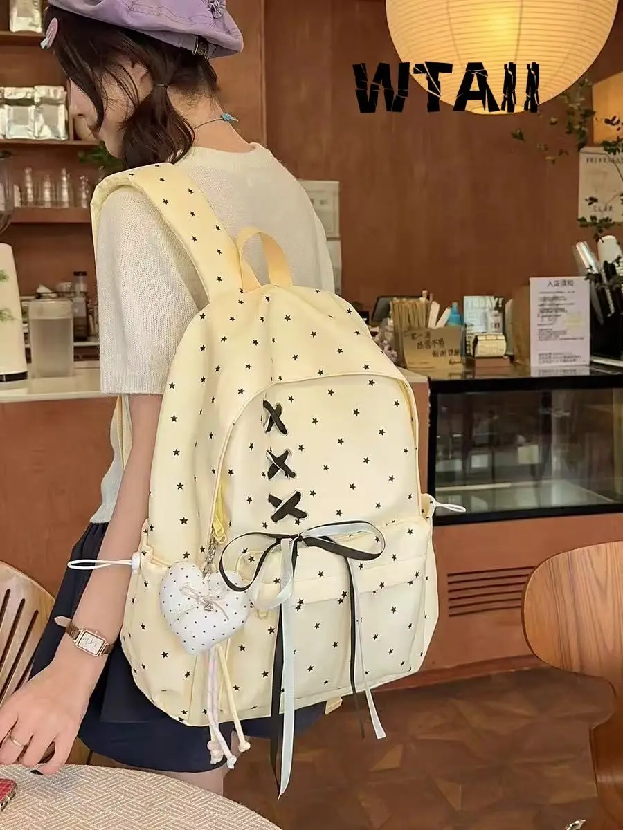 Korean Fashion Lace Up Bow Star Aesthetic Backpack Women Autumn New Preppy Style Student Large Capacity School Backpack Y2k Bag