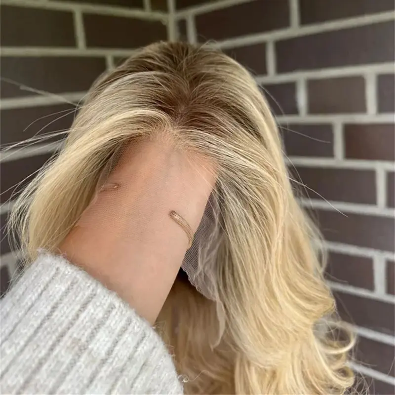 

Ombre Golden Blonde HD Парики фронта шнурка для женщин Термостойкий парик из синтетических волос Естественный вид для повседневной вечеринки Использование косплея