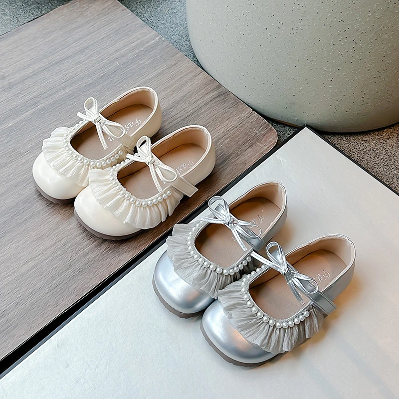 

Kids Princess Shoes with Pleated Lace Girls MaryJanes Dance Shoes with Simple Bow 2025 New Children Flat Shoes Beading Soft Sole
