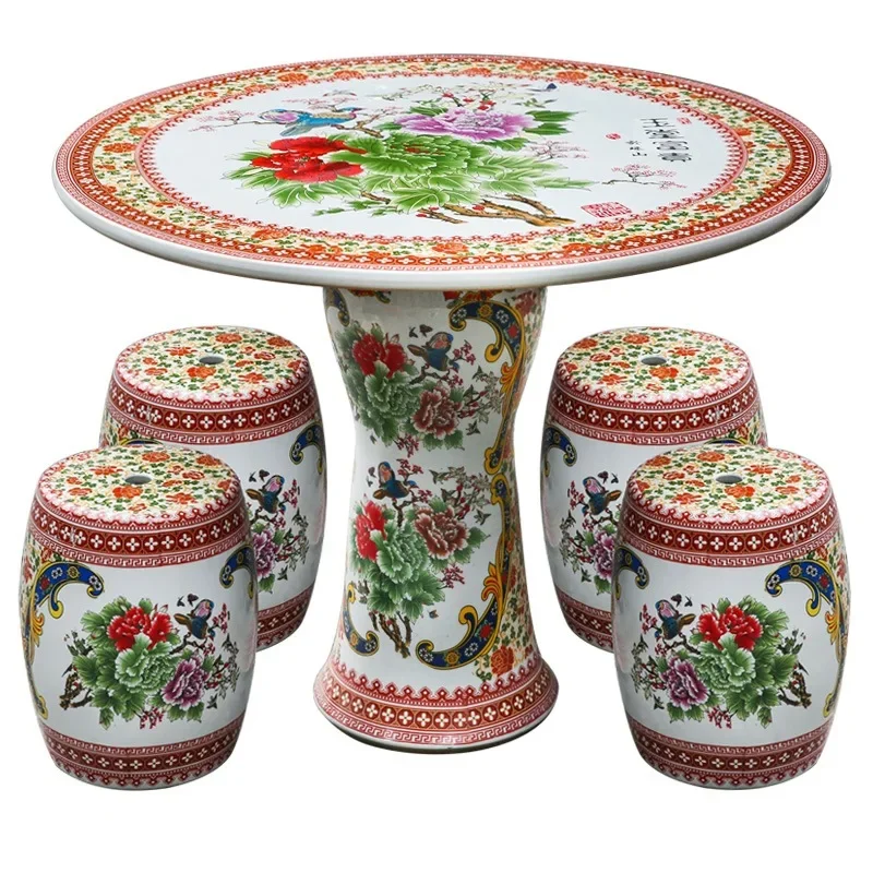 Ceramic pastel table and stool set, balcony coffee table, outdoor courtyard, garden leisure table and stool decorations