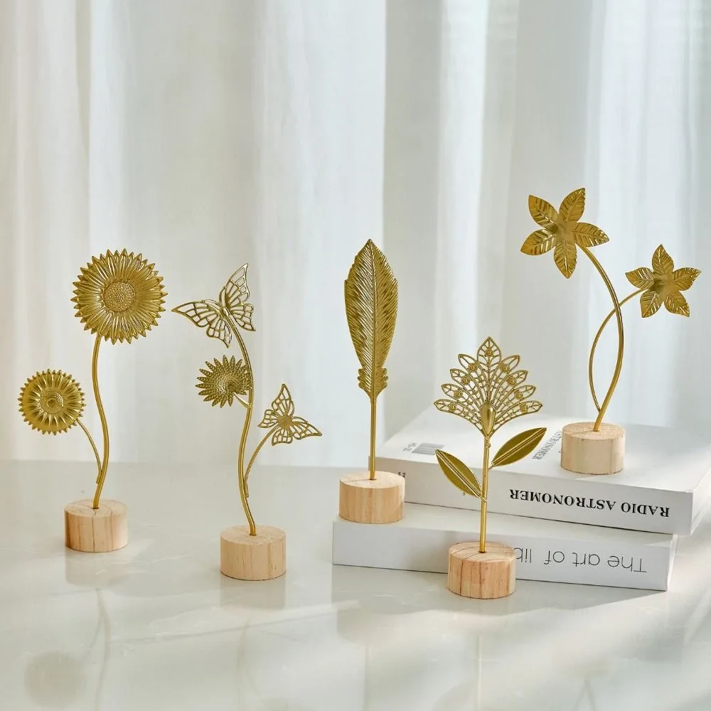 Wood Base Home Decoration Ornaments Hollow Out Flower Shape Metal Art Ornaments Gold Green Sunflower Leaves Butterfly