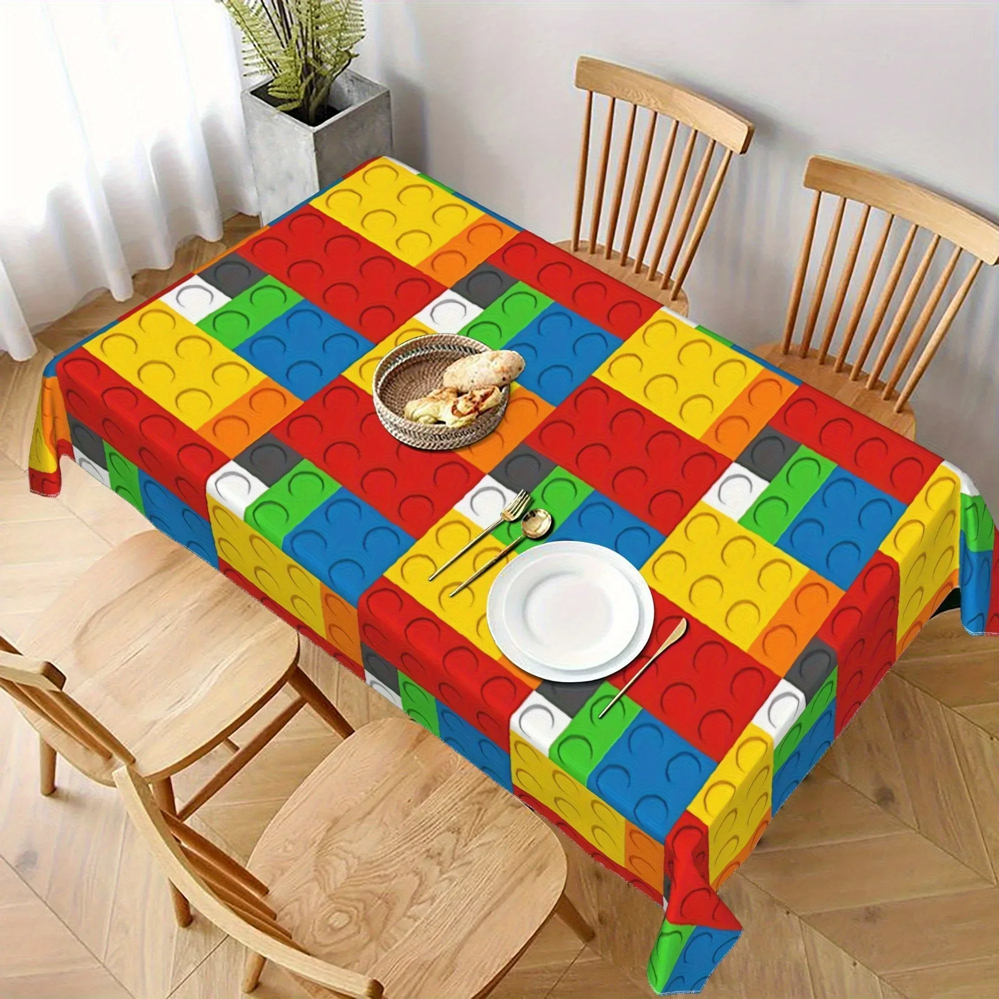 One fun wooden block pattern tablecloth! Colorful design, durable polyester fabric, suitable for all seasons.zyc
