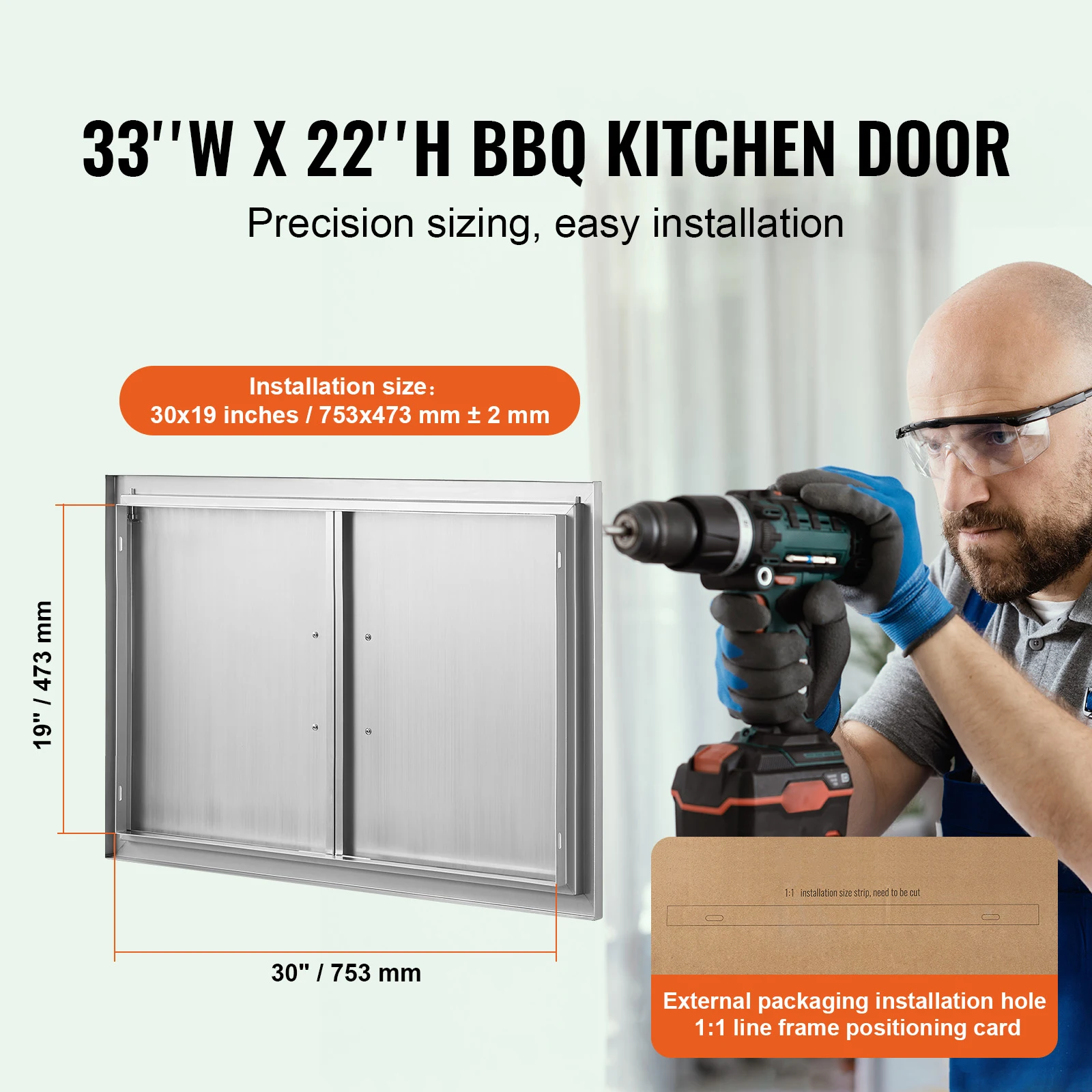 BBQ Access Door, 33W x 22H Inch Double Outdoor Kitchen Door, Stainless Steel Flush Mount Door, Wall Vertical Door with Handles, Grilling Station, Outside Cabinet, Designed for BBQ Island