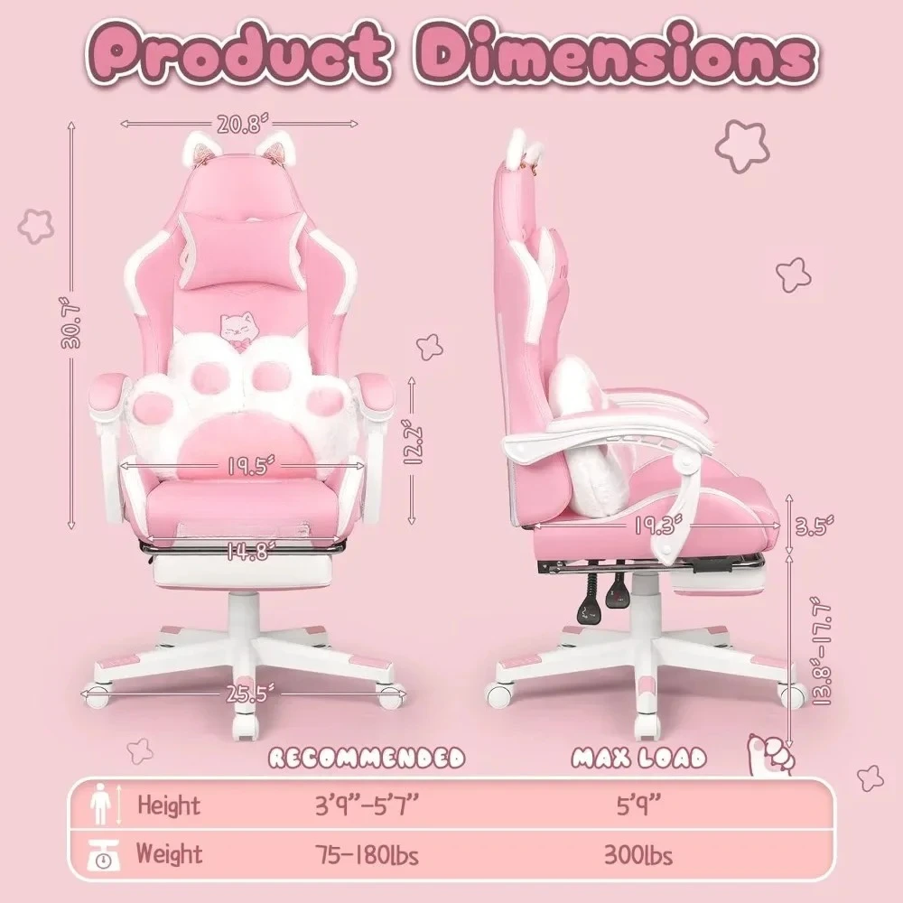 

Pink Gaming Chair Cute with Cat Ears and Cat Paw Lumbar Cushion, Ergonomic Computer Chair for Girl with Footrest and Headrest,