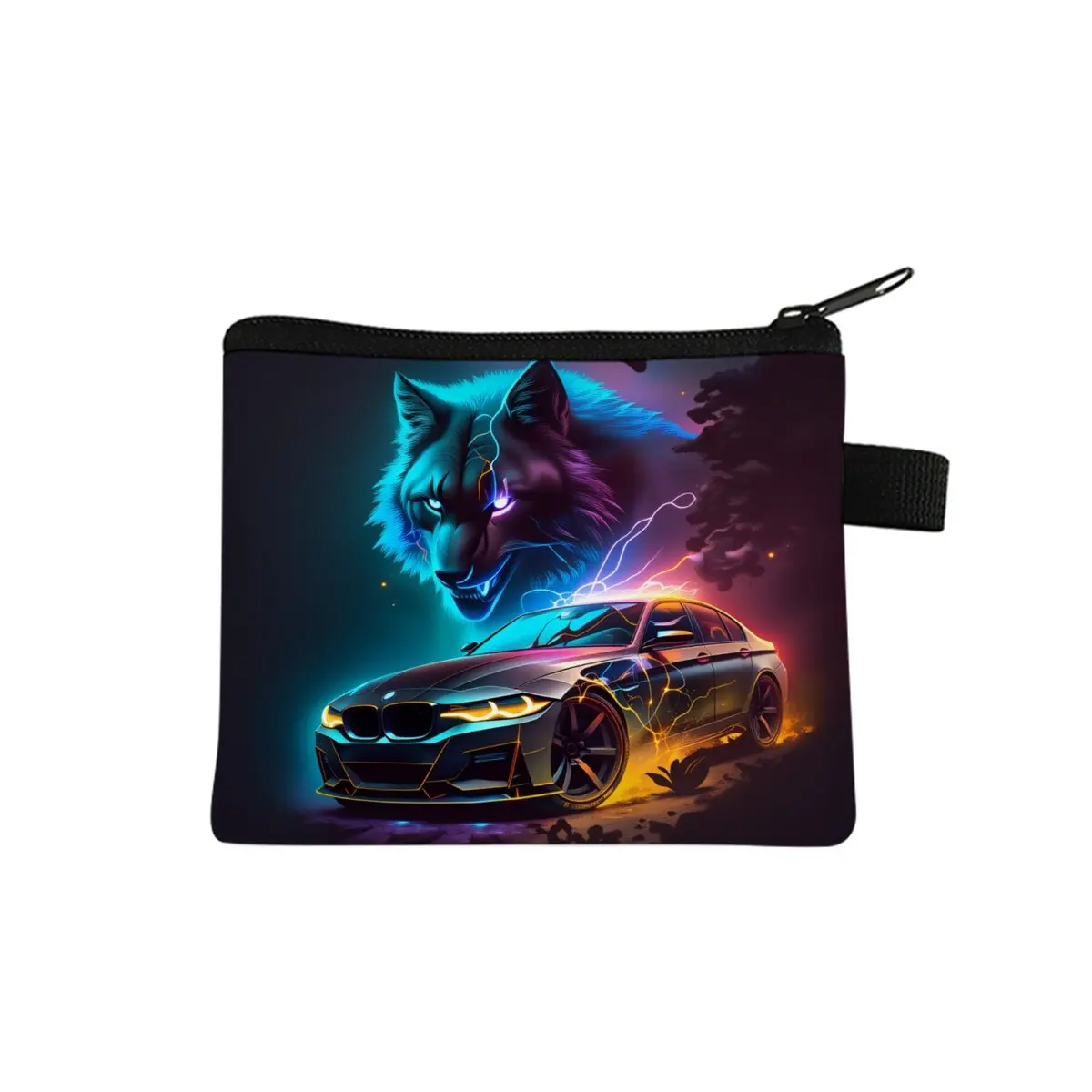 Wolf und Rennfahrer 2D Cartoon Münzbörse Handgefertigt Beste Geschenke für Jungen/Mädchen Aufbewahrungstasche mit Reißverschluss für Kinderbrieftasche