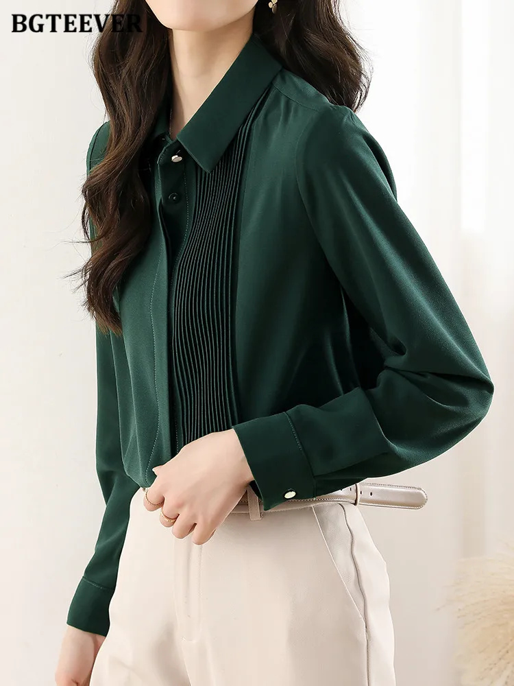 BGTEEVER Elegant Lapel Single-breasted Solid Shirts Women Long Sleeve Loose Pleated Female Blouses Spring Ladies Tops