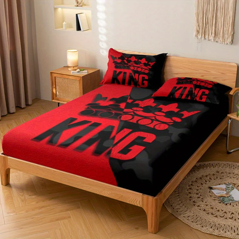 Red And Black King Pattern Fitted Sheet Set Soft And Comfortable Bedroom Guest Room And Dorm Decor Bedding Bedspread Set