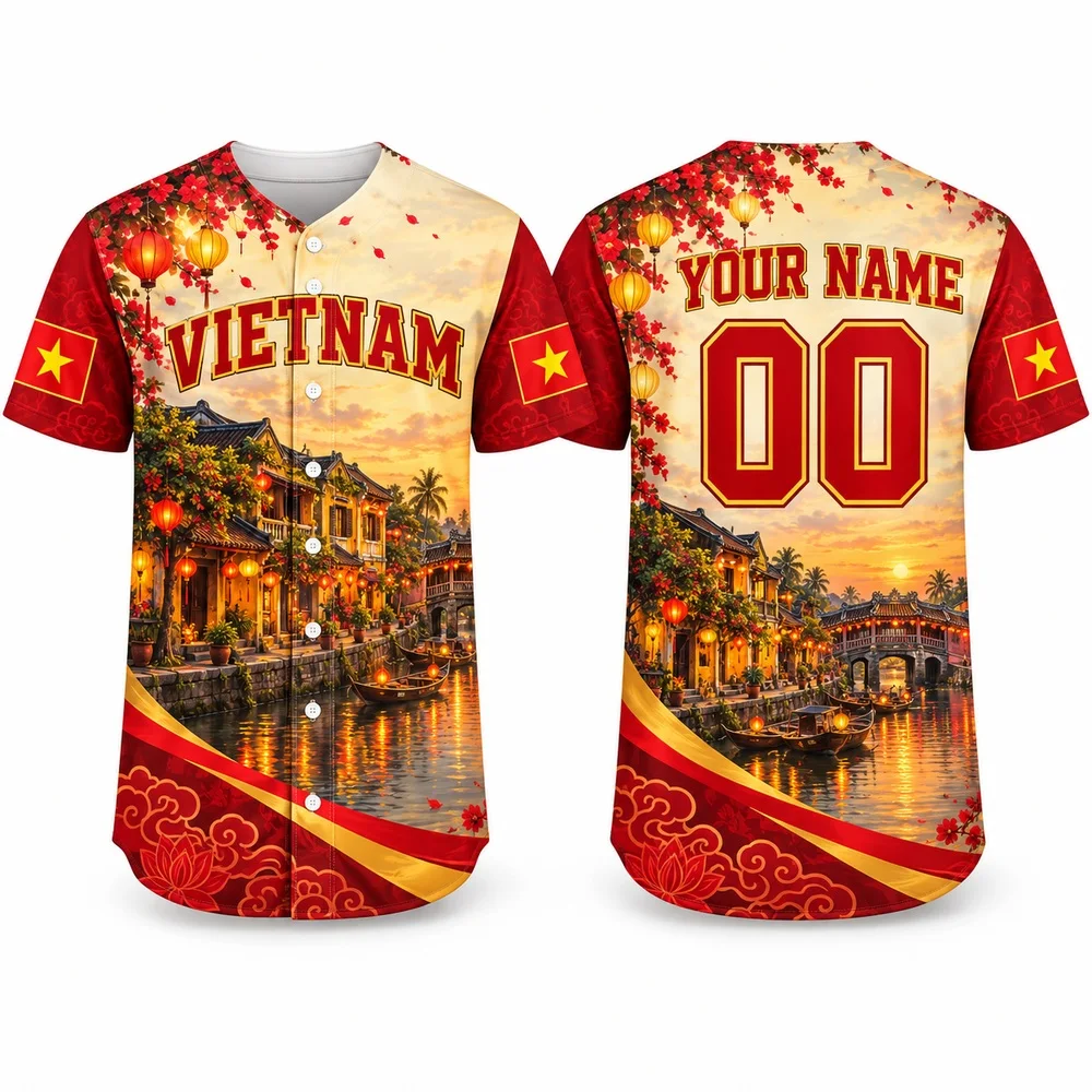 DIY Vietnam Lantern and Ha Long Bay Print Jerseys Shirt Custom Baseball Jersey Name Number Shirts with Red Gold National Art