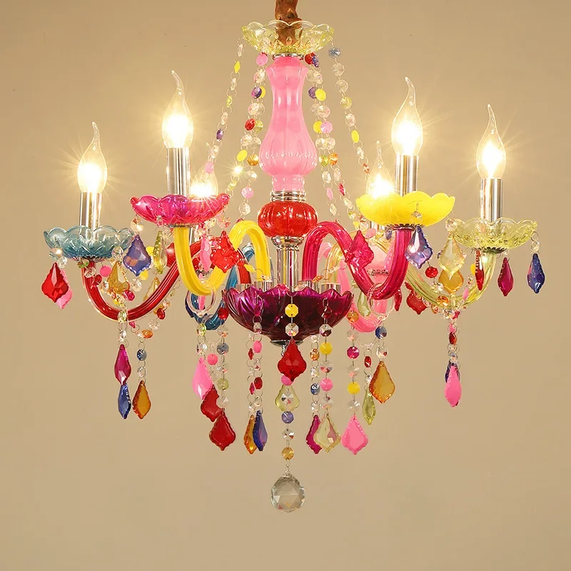 European-style Children's Room Chandelier Girl Princess Bedroom Lamp Creative Retro Diffuse Coffee Bar Color Crystal Lamp