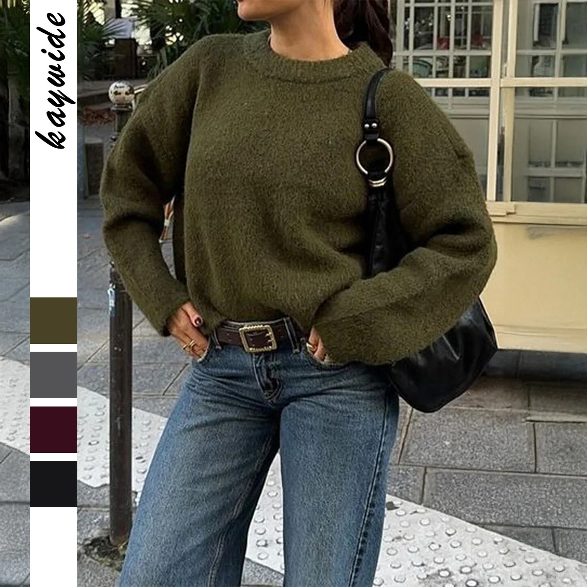 

Женский шерстяной длинный свитер-футболка свекрового цвета, свободный крой, однотонная трикотажная одежда на осенний сезон