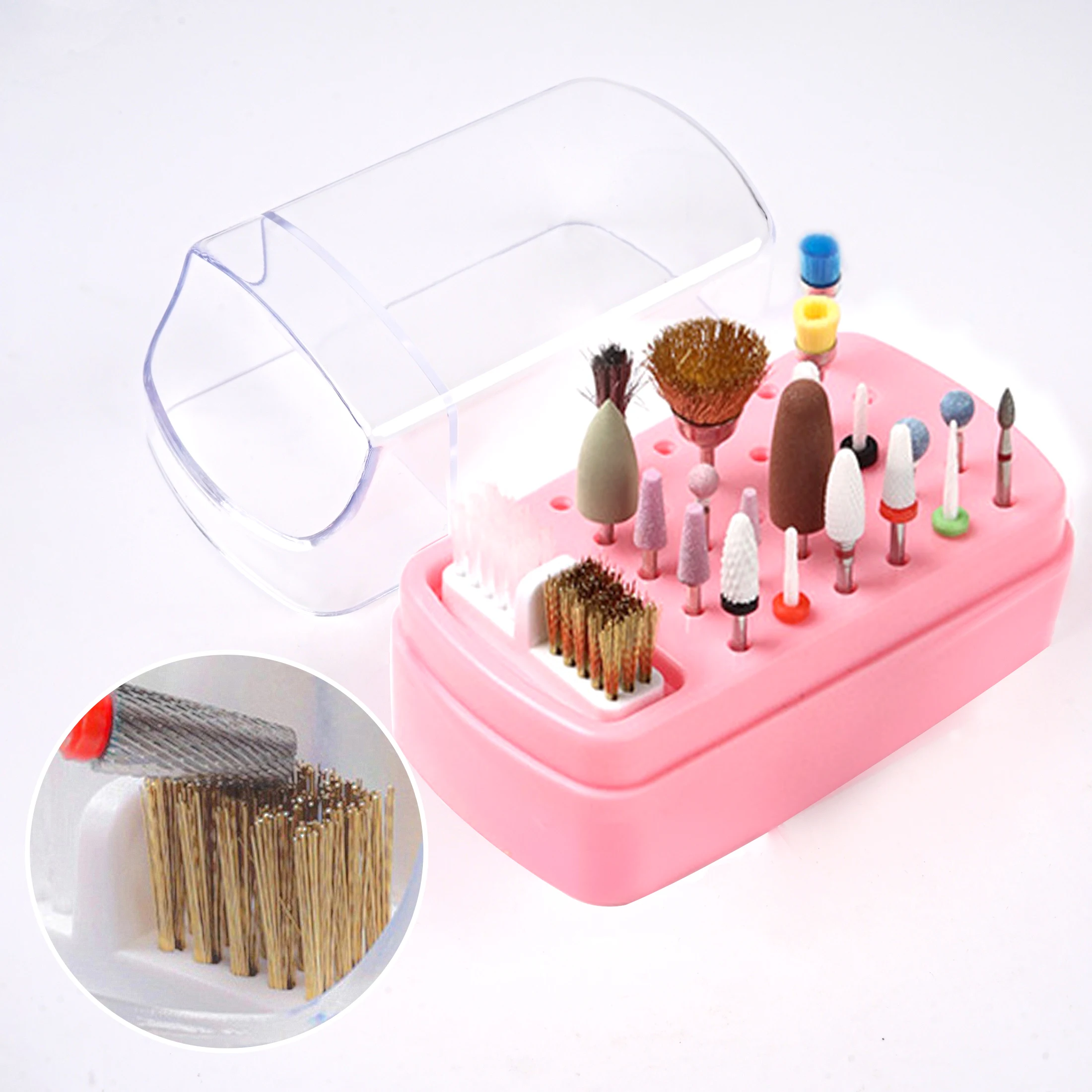 Nail Sanding Manicure Head Brush Display New Nail Art Drill Grinding Polish Head Bit Organizer Holder Clean Storage Box 2-in-1